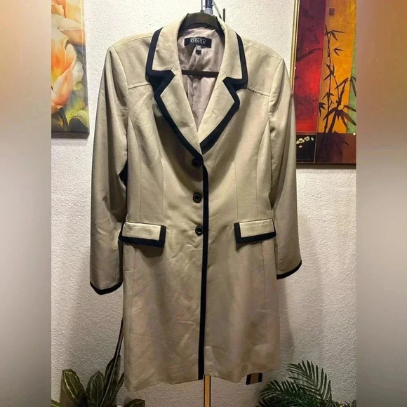 Kasper blue grotto summer straw/black belted trench coat size 18 - Picture 3 of 11